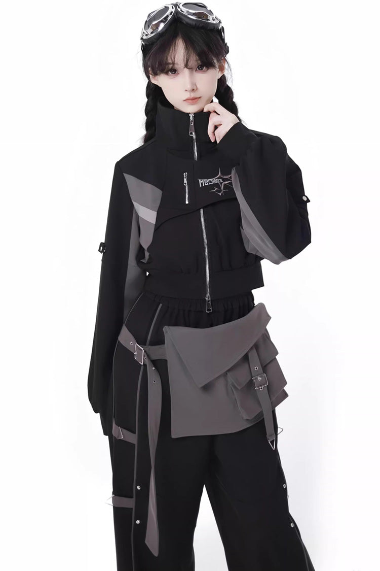Ebony Techwear Paneled Zip Trousers & Cropped Jacket - Holographic Cruise
