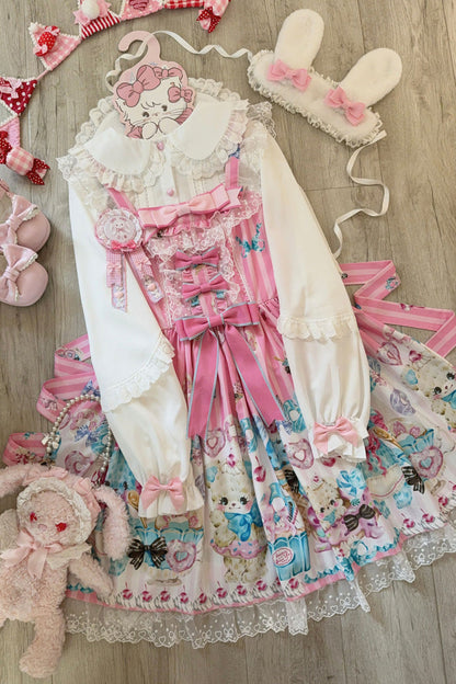 Blush Bear Print Ruffle Bow Lace Princess JSK - Floral Whisper