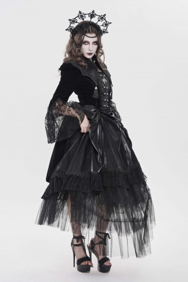 Ebony Flared-Sleeve Embroidered Lace Fitted Zip Gothic Batwing Jacket