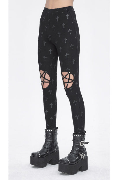 Hollow Cut-Out Punk Leggings for Women - Black
