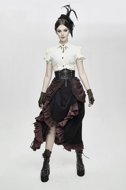 Drawstring Steampunk Half Skirt for Women - Burgundy Printed