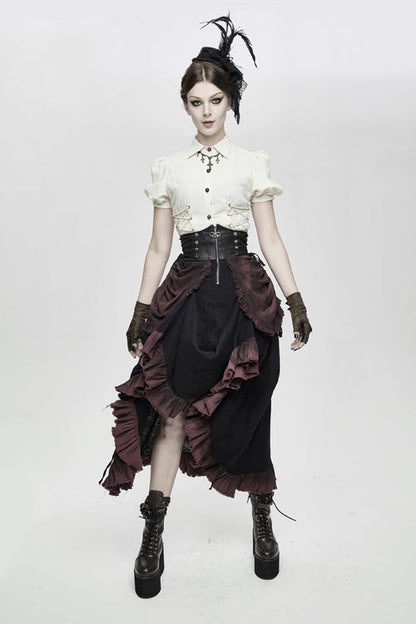 Drawstring Steampunk Half Skirt for Women - Burgundy Printed