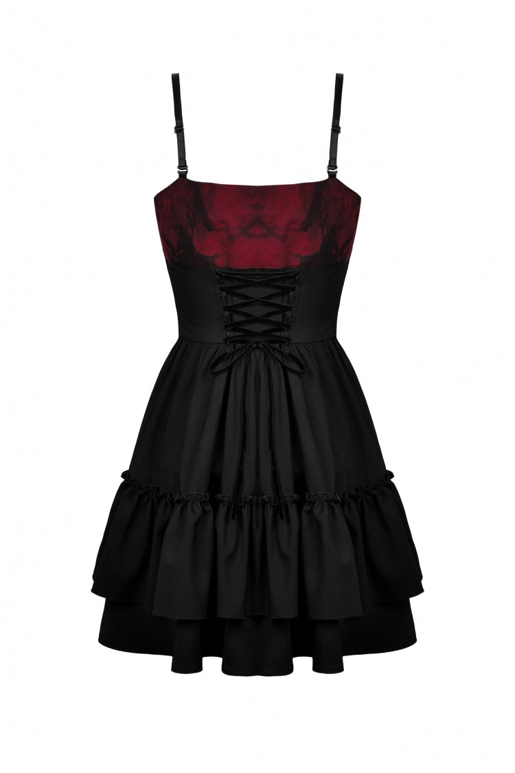Crimson & Obsidian Sleeveless Bowknot Lace-Up Double-Layered Frilly Gothic Slip Graduation Dress