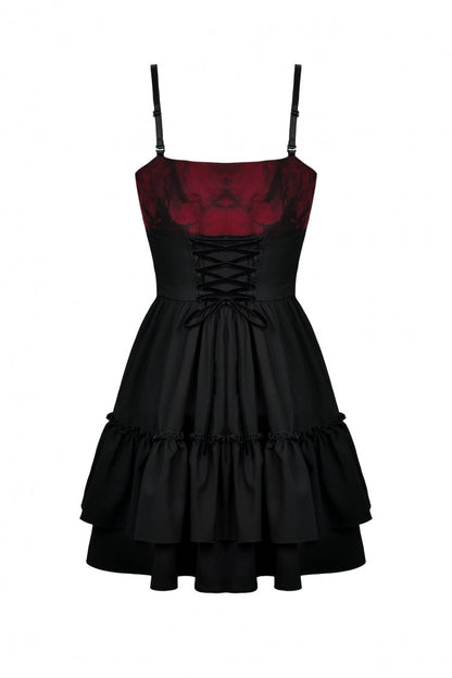 Crimson & Obsidian Sleeveless Bowknot Lace-Up Double-Layered Frilly Gothic Slip Graduation Dress