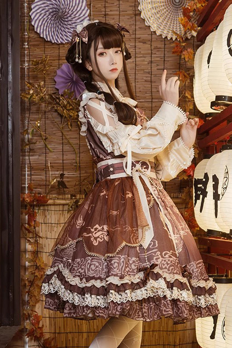 Yuelong Poetry Chinese Style Lolita JSK Dress with Lace - Ruffle Print