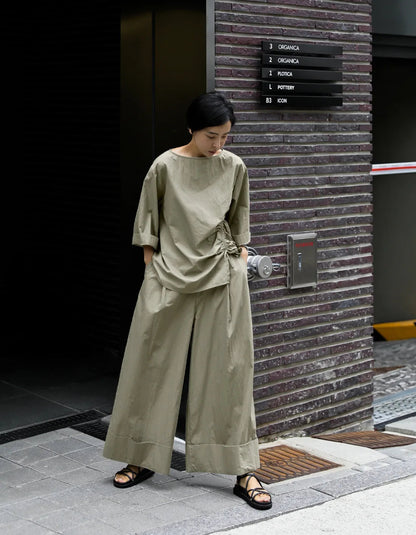 Casual Cotton Top Drawstring Sleeve Khaki Half Asymmetrical