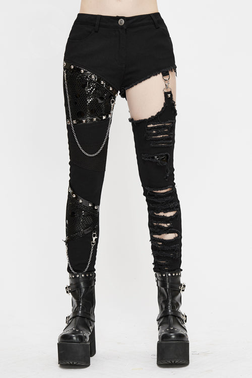 Shadow Spliced Chain-Accented Trousers with Ripped Details