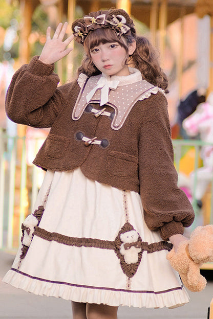 Sweet Lolita OP Gown with Round Collar, Lantern Sleeves & Cute Bear Motif