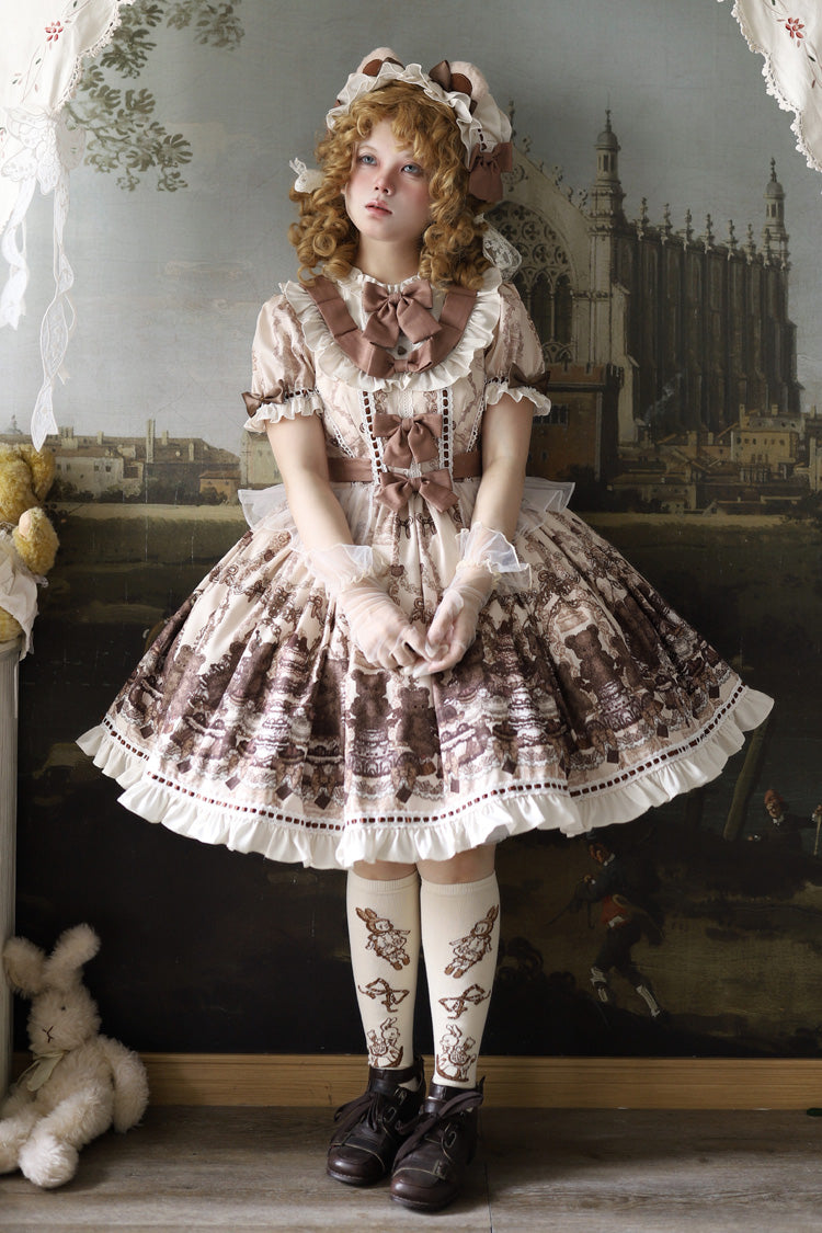 Teddy Bear Party Round Collar Printed Sweet Lolita Dress - Ruffled Bow