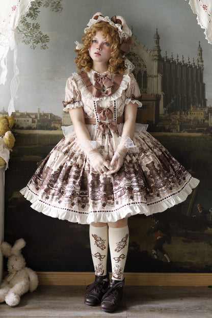 Teddy Bear Party Round Collar Printed Sweet Lolita Dress - Ruffled Bow
