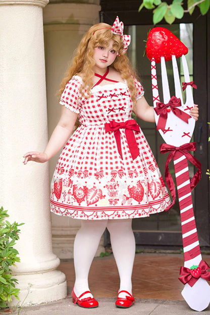 Crimson Sweet Plus Size Lolita Dress with Strawberry Plaid and Bow