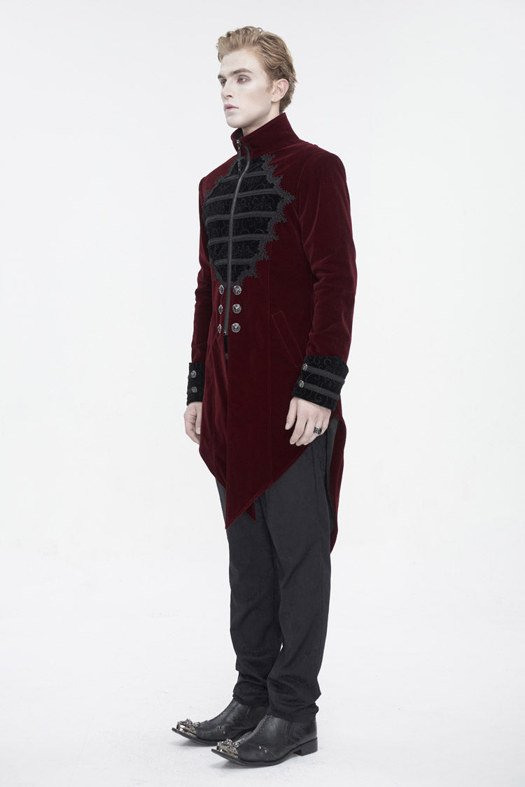 Crimson High-Neck Gothic Coat with Lace Panels and Swallowtail Back