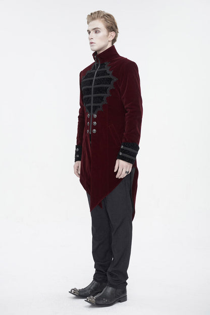 Crimson High-Neck Gothic Coat with Lace Panels and Swallowtail Back