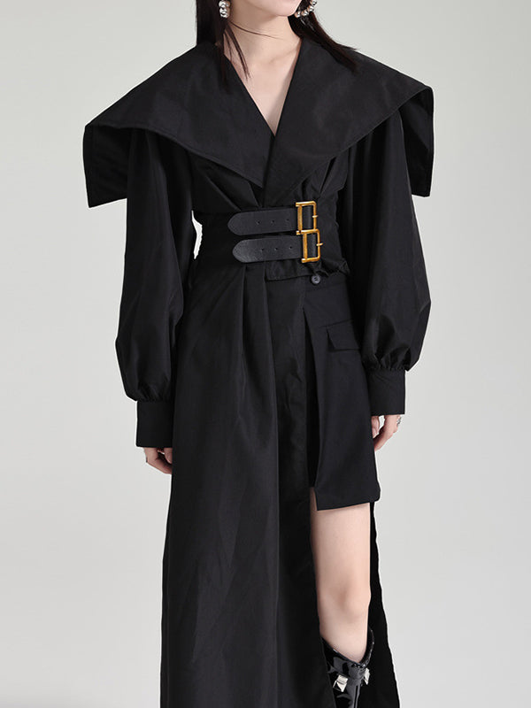 Pleated Black Asymmetric Lapel Waisted Long High Modern Belted