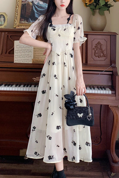 Plus Size Sweet Lolita Dress with French Square Collar, Rose Print & Short Sleeves, Cream