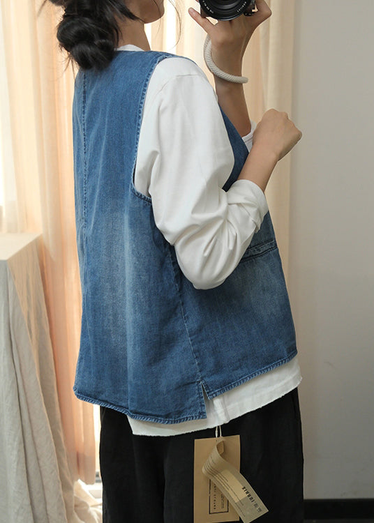 Natural Blue O Neck Button Denim Vest Sleeveless QC004