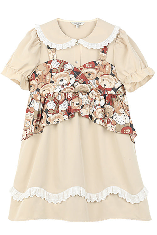 Sweet Lolita Frocks with Doll Collar, Bear Print & Faux Two-Piece Design