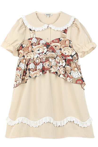Sweet Lolita Frocks with Doll Collar, Bear Print & Faux Two-Piece Design