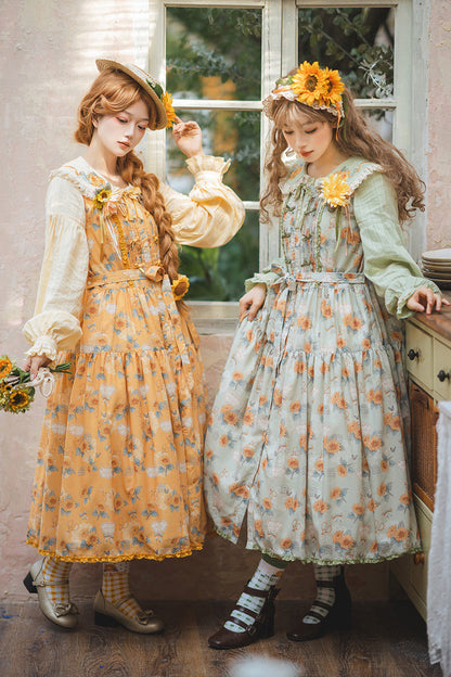 Emerald Sleeveless Sunflower Ruffle Bow Sweet Lolita Jumper Dress