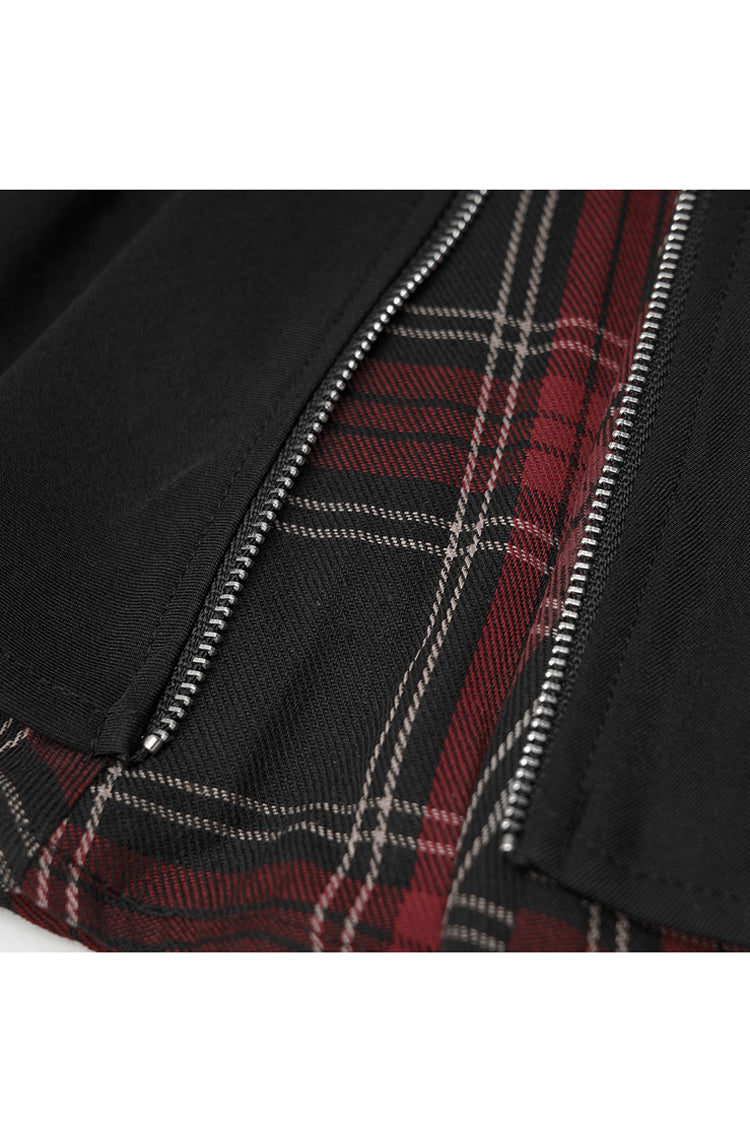 Crimson & Obsidian Splice Plaid Metal Zipper Decoration Pleated Punk Skirt