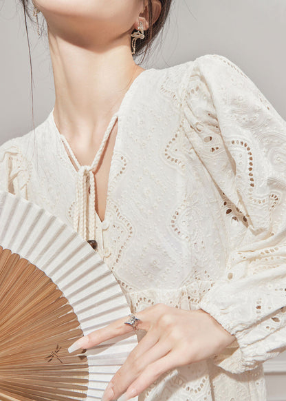 Beige V Out Hollow Lantern Cotton Neck Style Dresses French