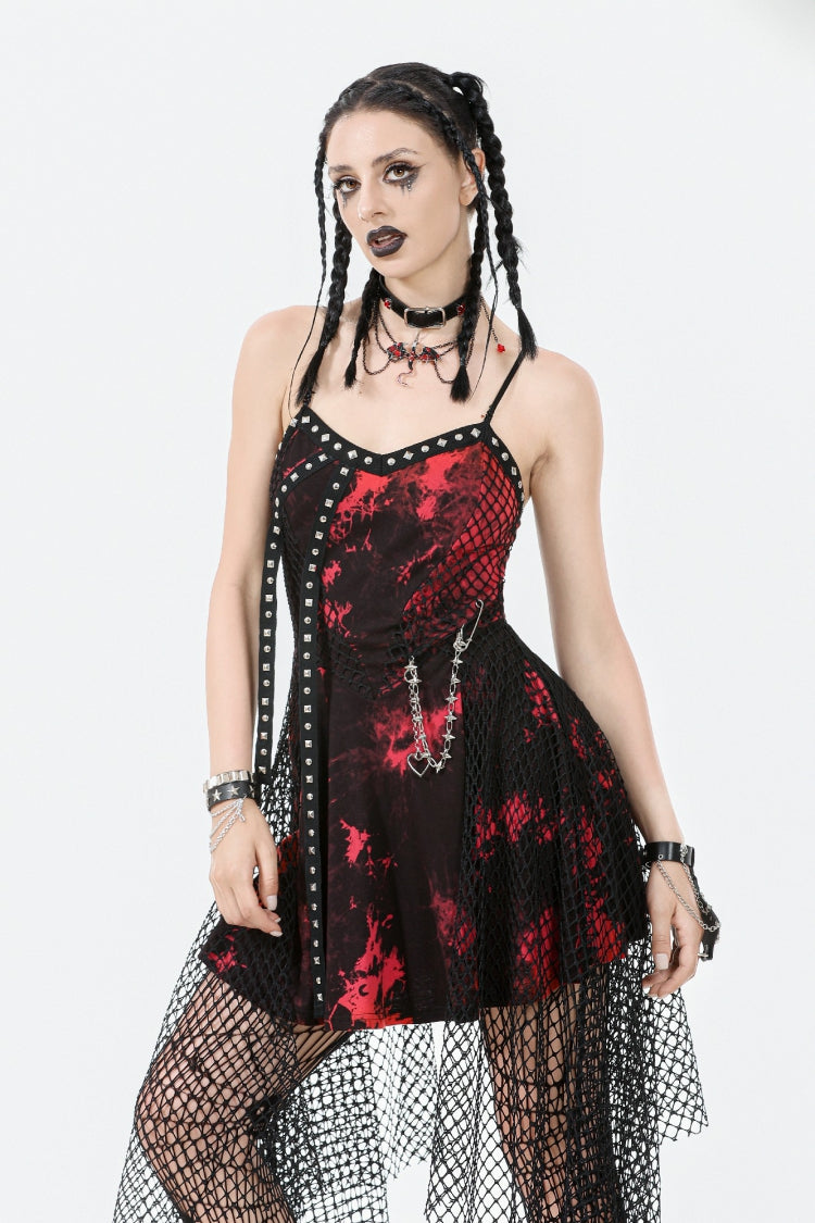 Crimson Punk Slip Dress with Asymmetric Tie-Dye and Mesh Hem