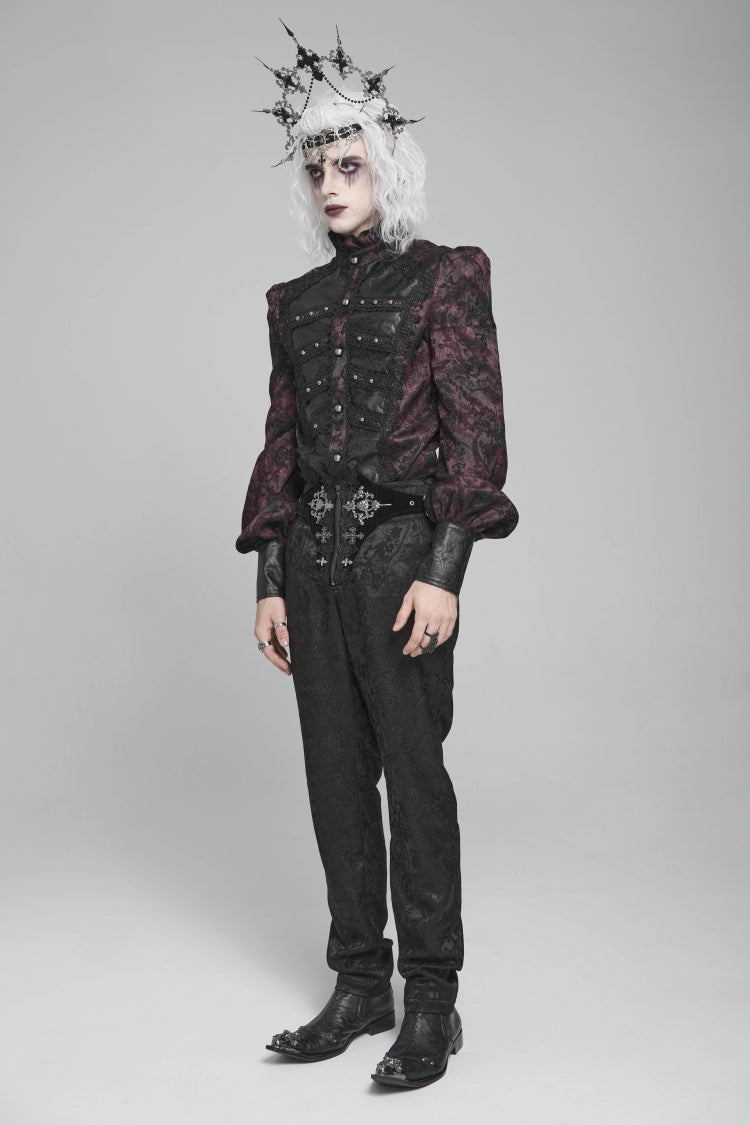 Crimson & Obsidian Stand Collar Long Lantern Sleeves Floral Print Embroidery Gothic Blouse