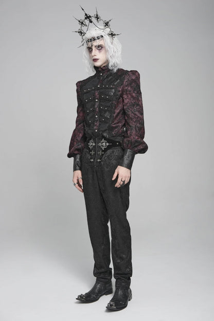 Crimson & Obsidian Stand Collar Long Lantern Sleeves Floral Print Embroidery Gothic Blouse