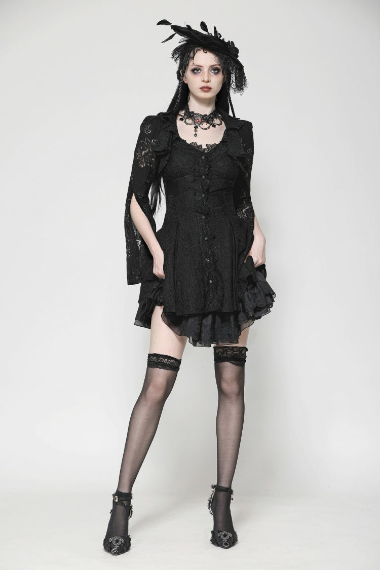 Ebony Flared-Sleeve Embroidered Lace-Up Gothic Honeymoon Dress