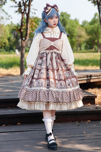 Underground Bear Print Ruffle Bow Sweet Lolita Dress - Brown