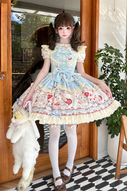 Azure Cute Rabbit Party Sleeveless Double Ruffled Bow Sweet Lolita Jumper Dress