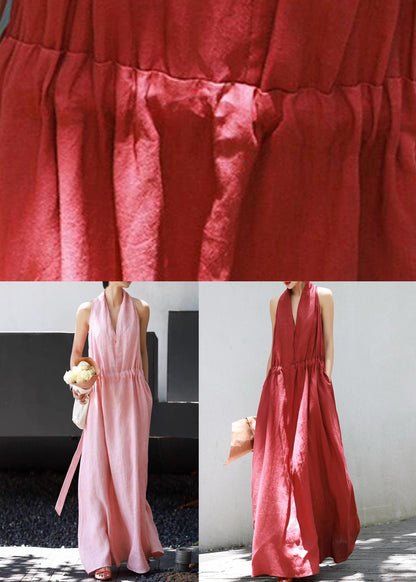 Neck Dress Solid Cotton Long Red Up Summer Lace V