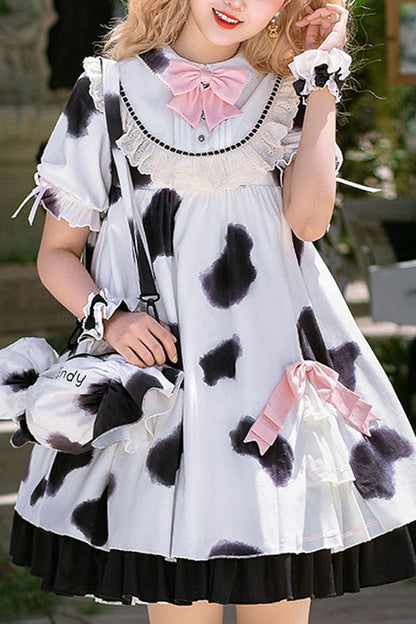 Ivory Cow Print Short-Sleeve Bow Ruffled Sweet Lolita OP