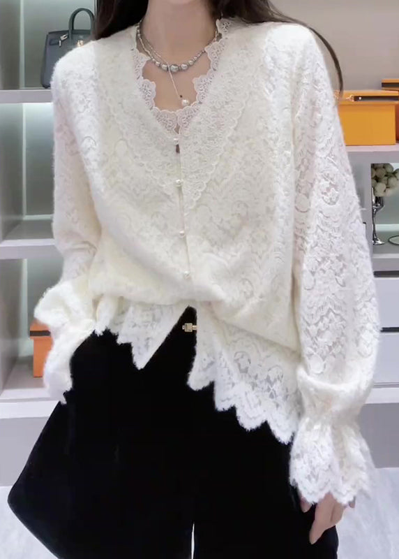 French Lace Neck White V Top Patchwork Spring