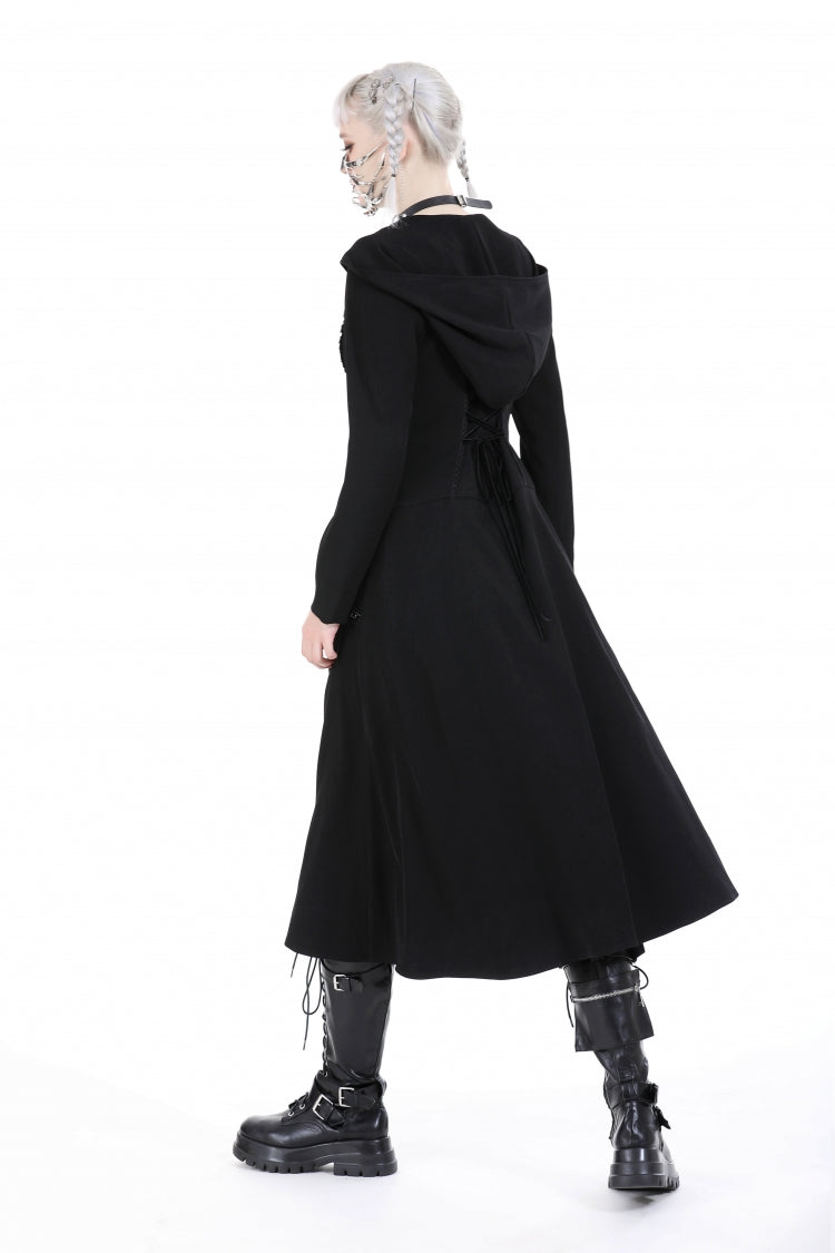 Hooded Punk Jacket with Ruffled Lace-Up Front for Women