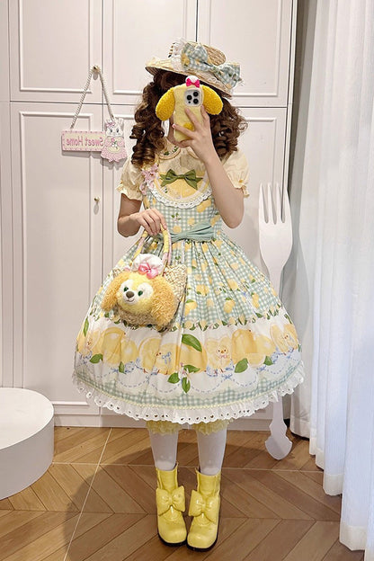 Emerald Lemon Chicken Print Ruffle Bowknot Sweet JSK Dress