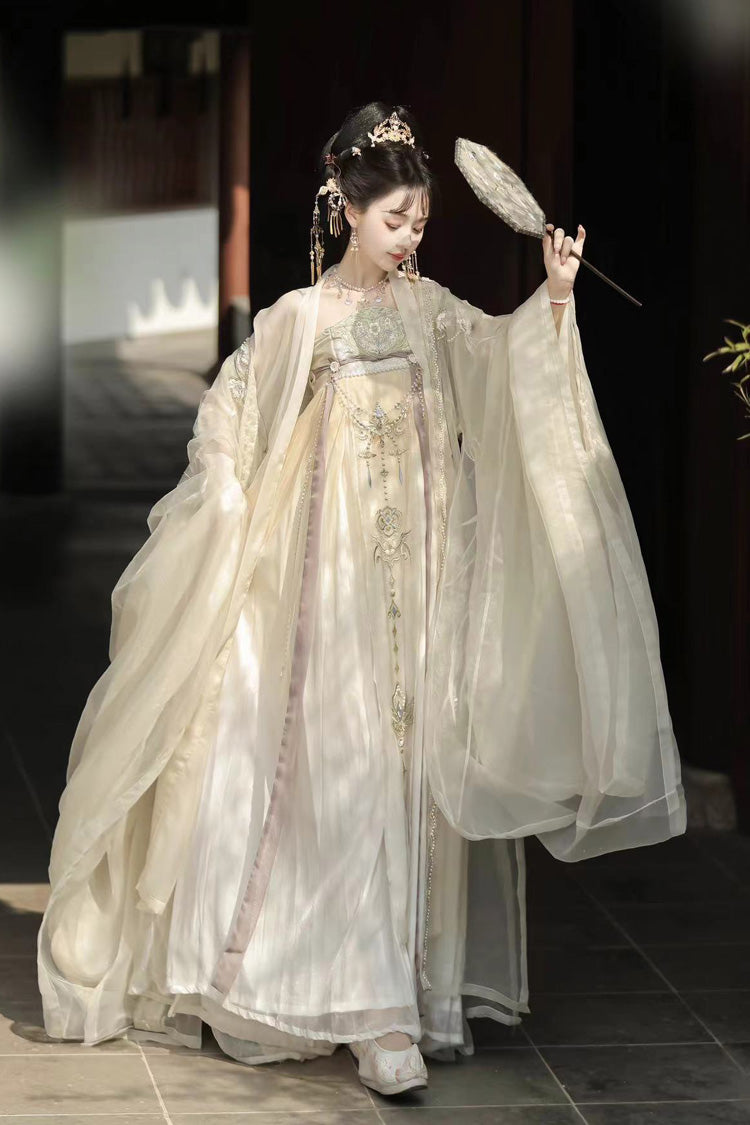 Embroidered Pearl Chain Tang-Style Hanfu Hezi Gown Set with Long Sleeves, Cream