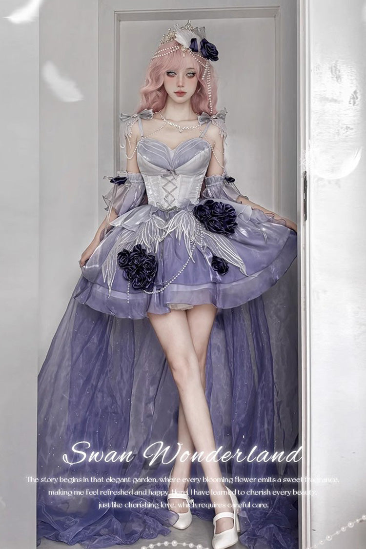 Embroidery Bowknot Lace-Up Sweet Ballet Lolita JSK Dress in Misty Purple Swan Wonderland - Short