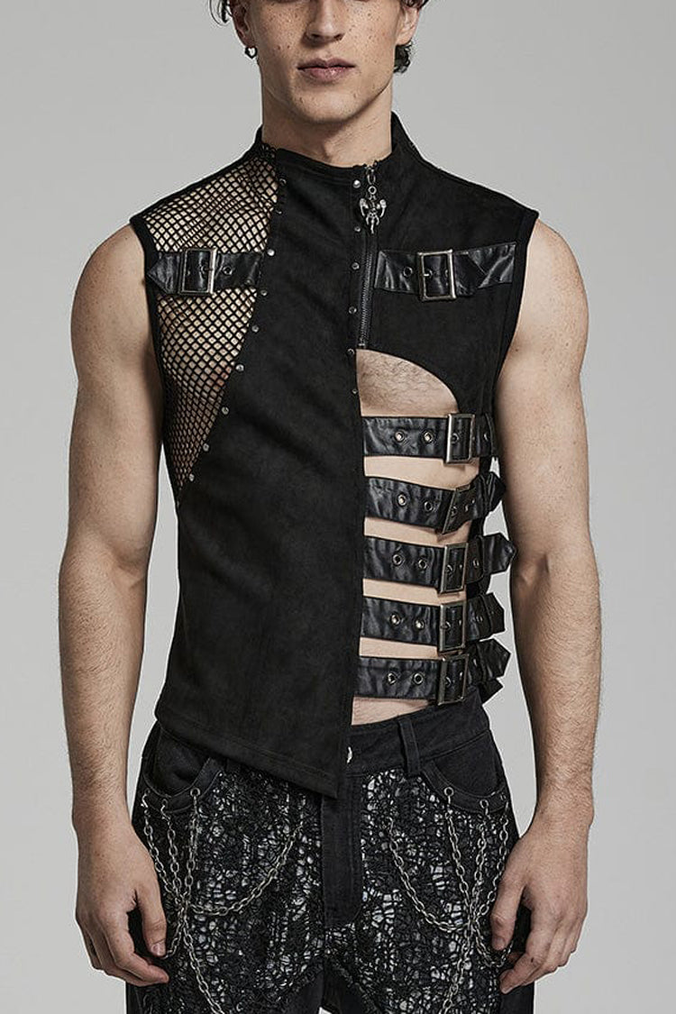 No-Sleeve Suede Leather Stitched Asymmetrical Gothic Waistcoat