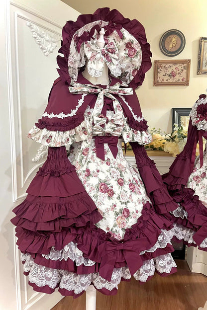 Off Shoulder Ruffled Bow Lace Gothic Lolita JSK Dress with Rose Print