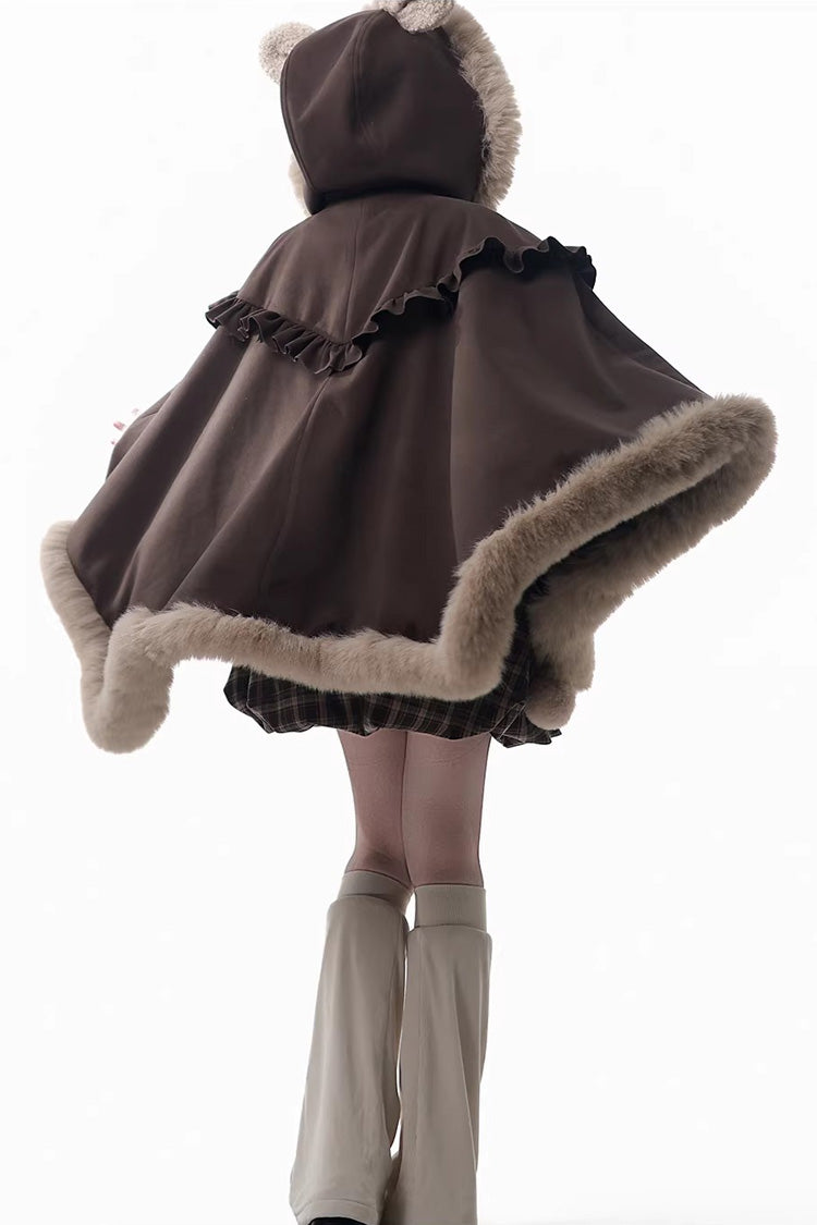 Fluffy Bear Plaid Ruffle Bow Sweet Lolita Strap Dress