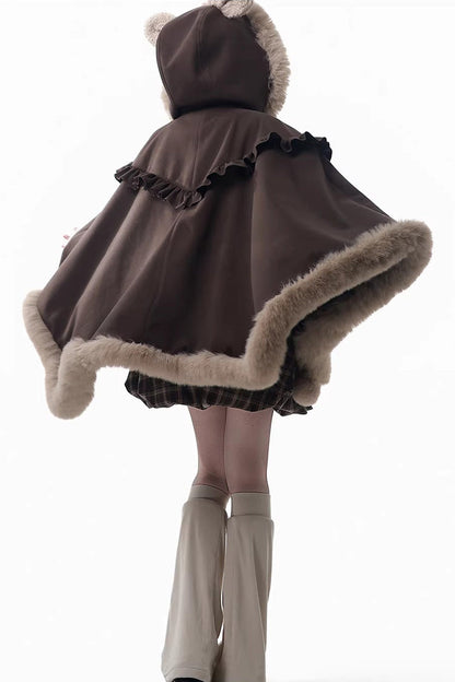 Fluffy Bear Plaid Ruffle Bow Sweet Lolita Strap Dress
