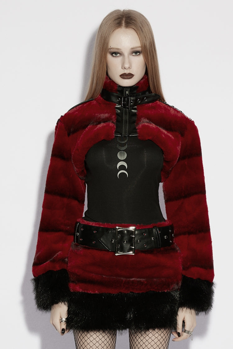 Crimson High-Neck Punk Faux Fur Short Cape with Buckle Straps
