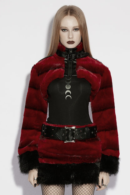 Crimson High-Neck Punk Faux Fur Short Cape with Buckle Straps