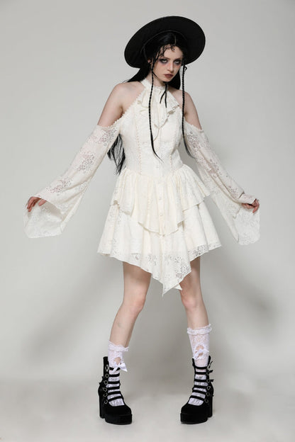 Steampunk Women's Dress with Halter Off-Shoulder Lapel Collar & Flare Sleeves, Cream