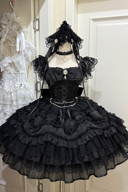 Gothic Lolita JSK Dress with Hanayome Ruffles and Lace-Up Back in Black