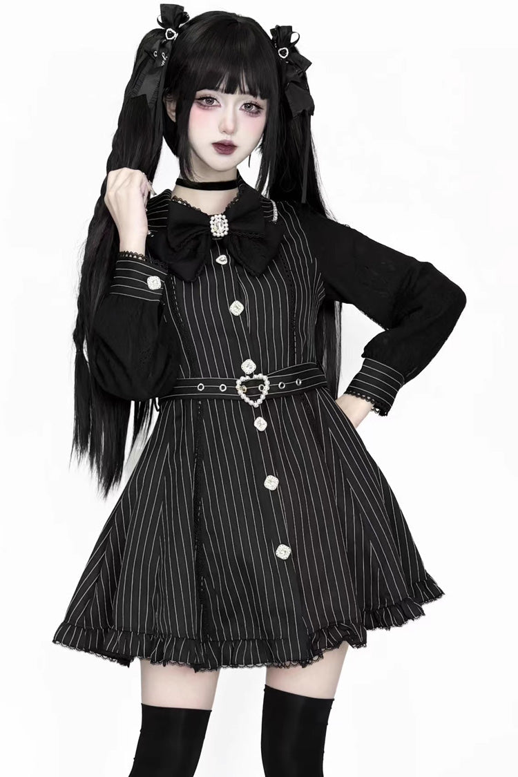 Ebony Long-Sleeve Striped Cape Ruffle Lace Gothic Jirai Kei Dress