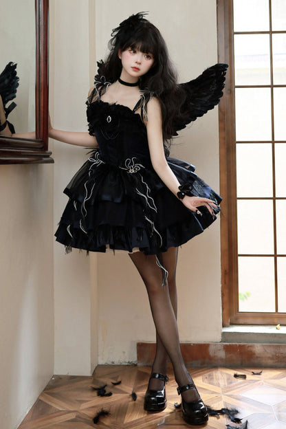 Ballet-Inspired Multi-Layer Ruffle JSK Dress with Bowknot in Three Hues - EtherealGrace