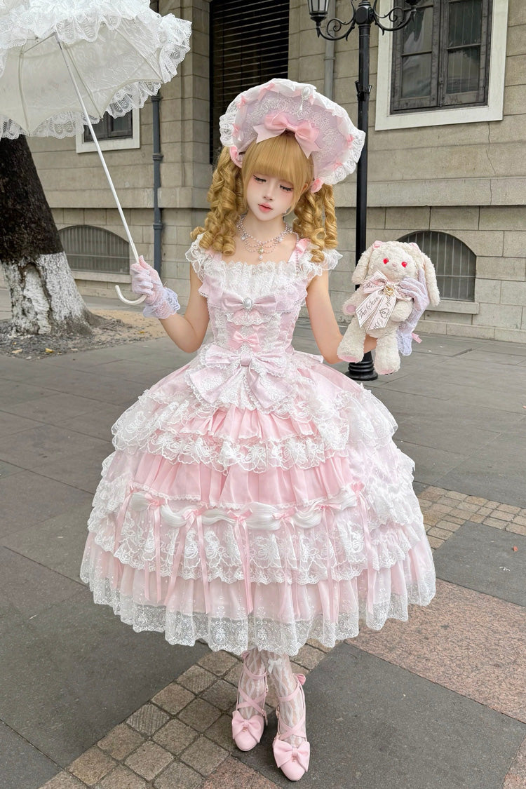 Blush Square Collar Embroidered Lace JSK with Bow