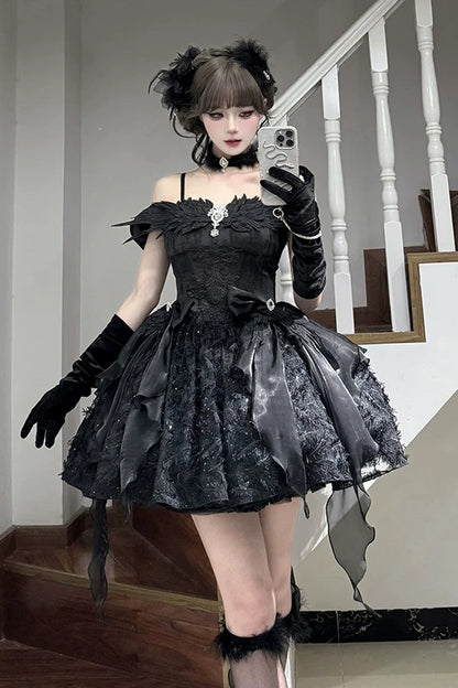 Embroidered Gothic JSK Dress with Square Collar and Flutter Sleeves in Black
